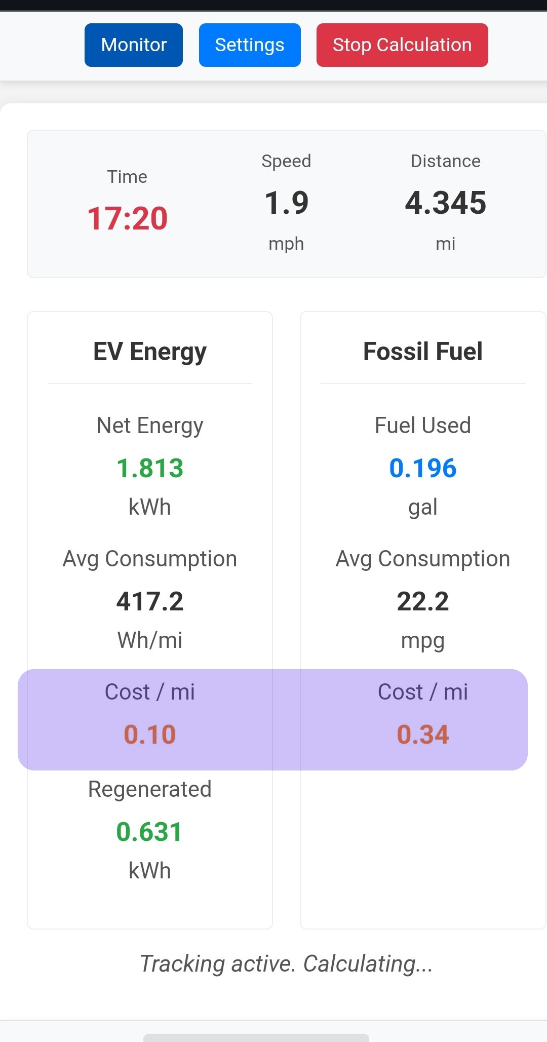 Cost calculation results screenshot