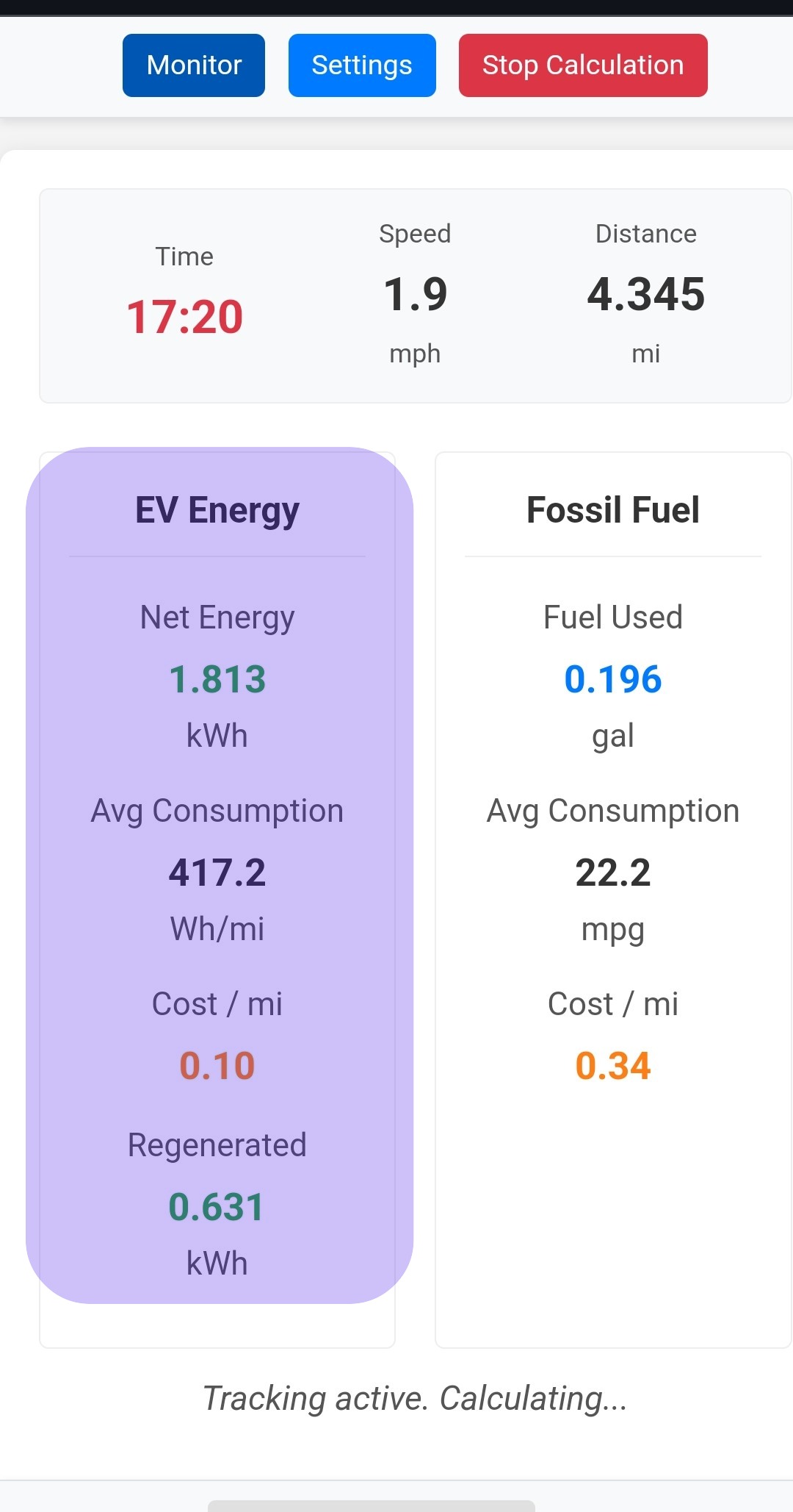 EV energy metrics screenshot